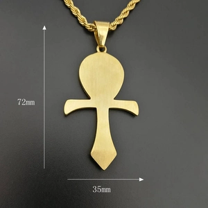 Detail showing 72mm x 35mm dimensions of the golden Ankh cross pendant with rope chain