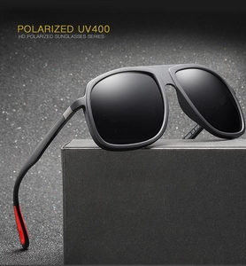 Detail of matte black TR90 polarized sunglasses showing UV400 protection lens and frame
