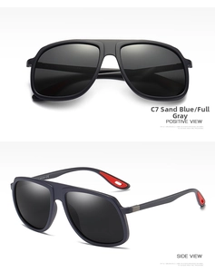 Detailed front and side view of matte sand blue TR90 polarized sunglasses with red accents