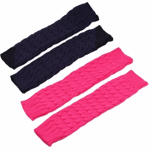 Knit cable leg warmers in navy and rose red, thick ribbed leg covers for winter fashion