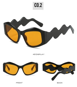 Three-way view of Y2K wavy frame sunglasses with vibrant orange tinted lenses
