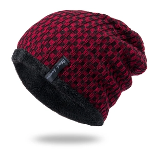 Winter knitted beanie for men with red and black checkered pattern and warm fleece lining