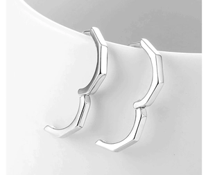 Macro view of geometric silver earrings with polished finish on a white surface