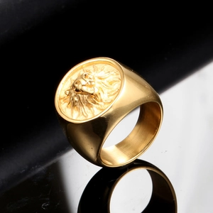 Golden lion head signet ring in punk rock style made of durable stainless steel for men