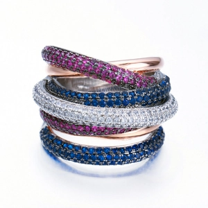 Three-layer crisscross ring with pink and blue AAA zircons in rose gold and silver