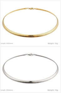 Detail view of 6mm wide gold and silver omega chain necklaces with lobster clasp