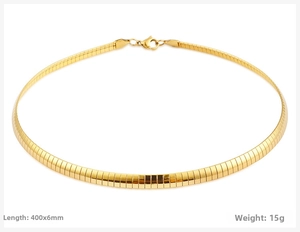 Detail view of a 6mm wide gold plated flat snake chain necklace with lobster clasp