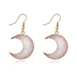 Golden crescent moon drop earrings featuring pink faux crystal texture with hook closure