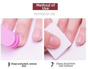 Detail showing nail filing and cleaning steps with pink file and white pads