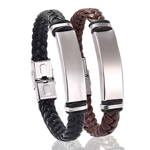Men Bracelet Stainless Steel Braided Leather Wristband Minimalist Plain ID Plate Polished Fashionable Trendy Punk Jewelry