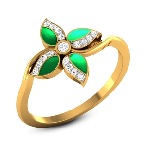 Elegant gold flower ring with green enamel petals and micro-pave cubic zirconia crystals