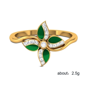 Elegant gold flower ring with green enamel and white zircon stones weighing about 2.5g
