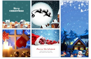 Detail of 3D pop-up Christmas cards featuring reindeer silhouettes and festive town scenes