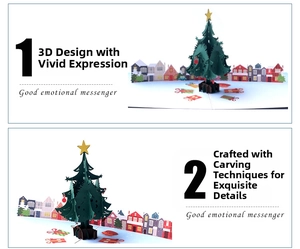 Detail showing the 3D laser-cut layers of the pop-up Christmas tree and town scene