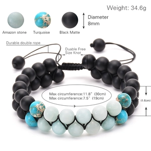 Amazonite and matte onyx double-row beaded bracelet with adjustable woven strap