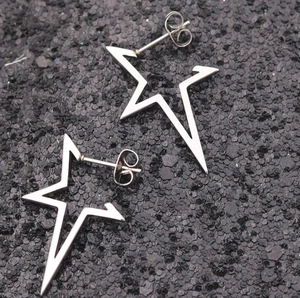 Modern silver four-point star earrings with hollow geometric design on black background