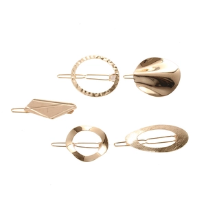 5-piece gold metal geometric hair clip set including round and oval textured designs