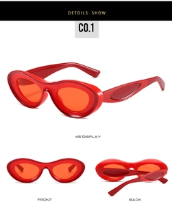 Three views of small cat-eye sunglasses with bold red resin frame and tinted lenses