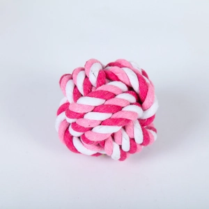 Braided cotton rope ball dog toy in pink and white for pet teeth cleaning and play