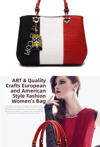 Detail of crocodile texture PU leather handbag with metal cat buckle and portrait pendant