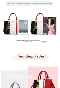 Detailed size comparison of crocodile embossed tote bag with iPad and A4 magazine