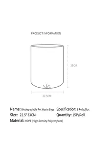 Detailed technical dimensions of HDPE biodegradable dog poop bags showing 22.5x33cm size