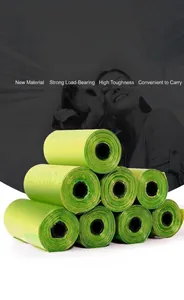 Detail view of 8 rolls of bright green biodegradable dog poop bags with Quality print