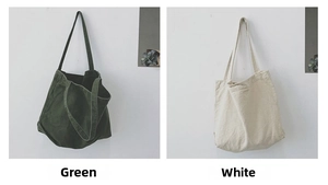 Side-by-side comparison of green and white canvas tote bags with long shoulder straps