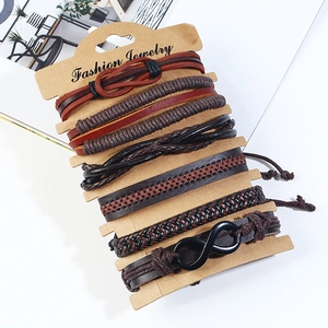 Set of 6 vintage multilayer leather bracelets with infinity charm on card display