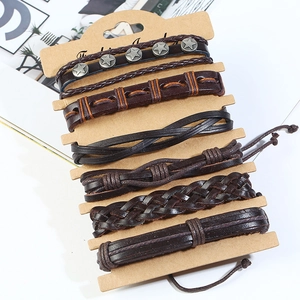 Retro 6-piece woven leather bracelet set for men with metal star studs on card