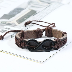 Retro multi-layer brown leather bracelet with black infinity charm and braided rope