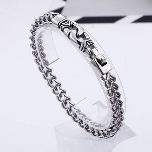 Men's silver titanium steel dragon bone chain bracelet with industrial weave design