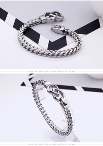 Detailed view of silver stainless steel dragon bone chain with infinity knot clasp