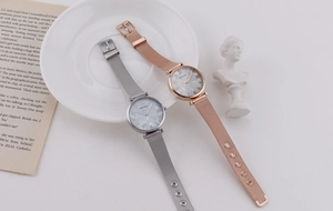 Detailed view of elegant quartz watches with marble dial and mesh strap on a white plate