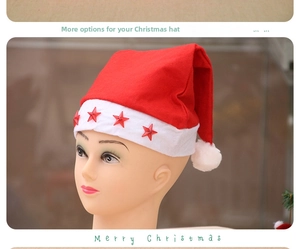 Close-up of red Christmas hat featuring white plush trim and red five-pointed stars