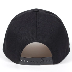 Detail view of the black baseball cap showing its adjustable snapback closure and fabric texture