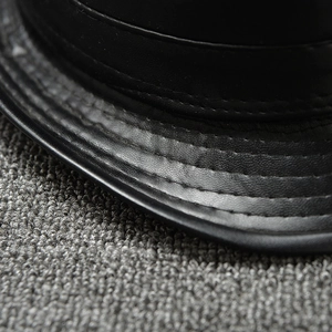 Black PU leather fedora brim detail with premium stitching and wool felt texture