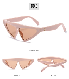 Three perspectives of pink triangle sunglasses with gold leaf detail on temples