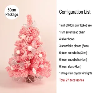 60cm Mini Pink Flocked Christmas Tree with 27-piece silver ornaments and warm LED lights