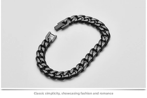 Macro shot of black titanium steel Cuban link bracelet with a square fold-over clasp