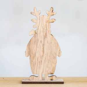 Minimalist wooden reindeer desk ornament with natural grain on a rectangular base stand
