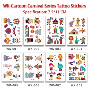 Cartoon circus carnival temporary tattoos for kids with clown and animal designs