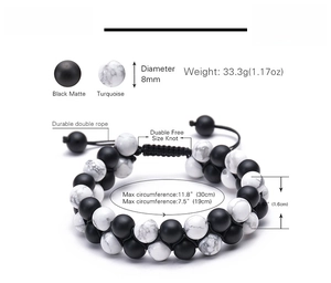 Detail of 8mm double-layered black matte and white turquoise stone beads on adjustable cord