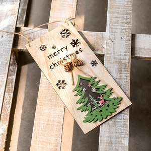 Hollow wooden Christmas door sign with reindeer, 3D pine tree and snowflakes