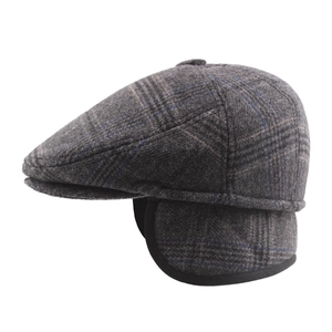Classic dark grey plaid ivy cap with ear flaps for men, vintage check wool pattern