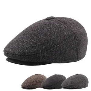 Men Winter Flat Cap Knitted Wool Thick Warm Padded Ivy Hat With Ear Protection Plaid Pattern