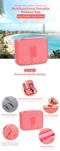 Macro detail of portable pink toiletry bag showing mesh compartments and velcro dividers