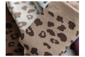 Macro shot of thick winter knit socks featuring leopard print patterns and cotton texture
