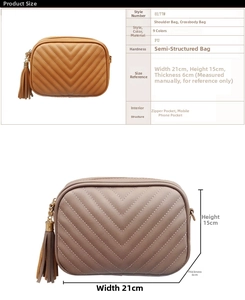 Dettaglio della borsa a tracolla ricamata con dimensioni di 21 cm di larghezza e 15 cm di altezza
