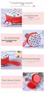 Detail view of tinplate mini case showing smooth zippers and soft red flocked lining